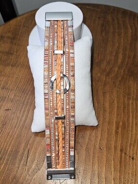 ●Ryze●•Wrap Bracelet•Braided Orange Stripe Vegan Leather Magnetic Clasp 7.5"